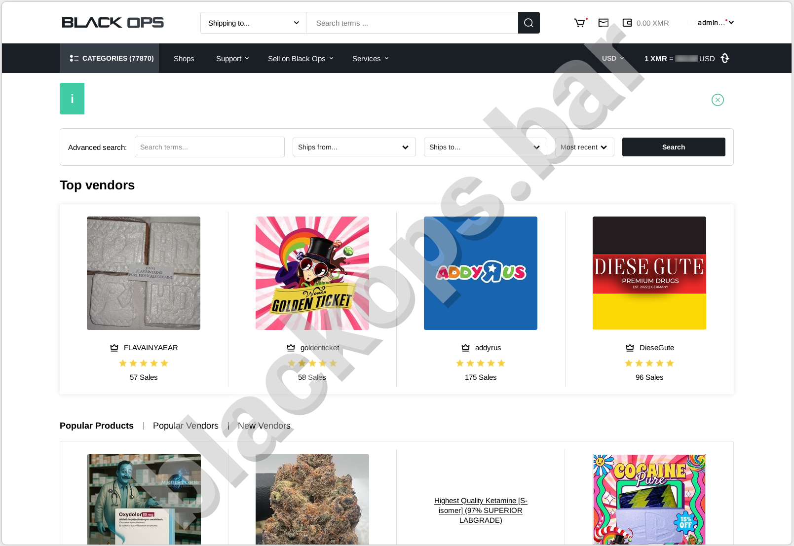 Blackops darknet market user dashboard homepage after successful login
